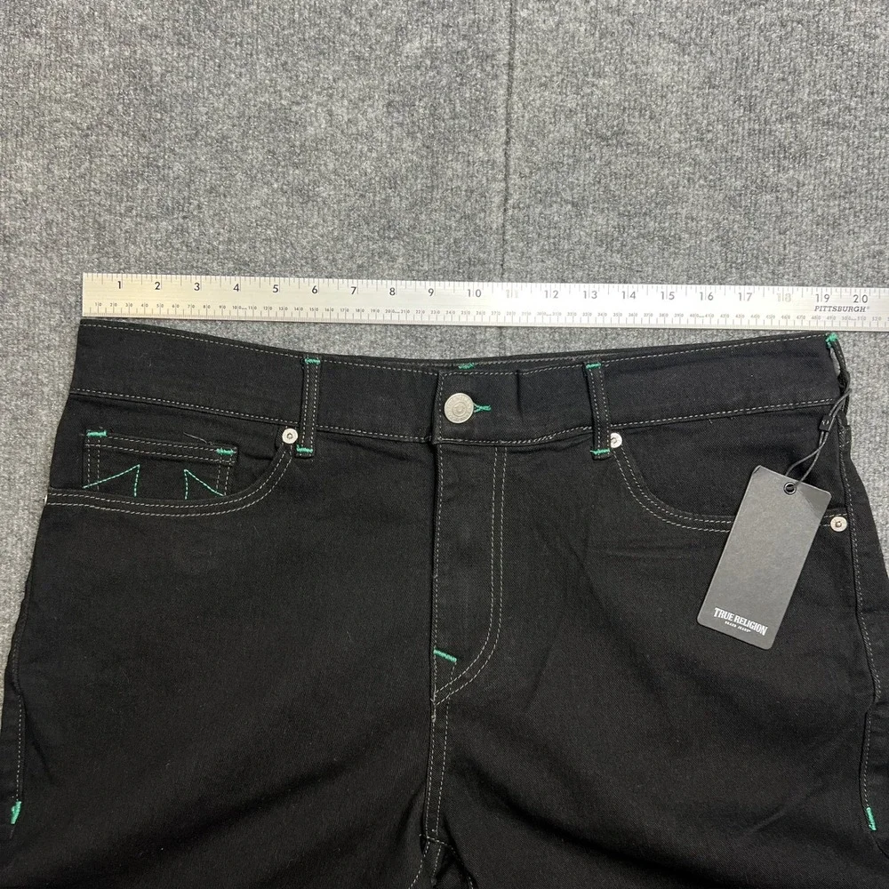 NWT True Religion Mens 36 Geno SN Slim Jeans Black Rinse Green Stitching 700386‎
